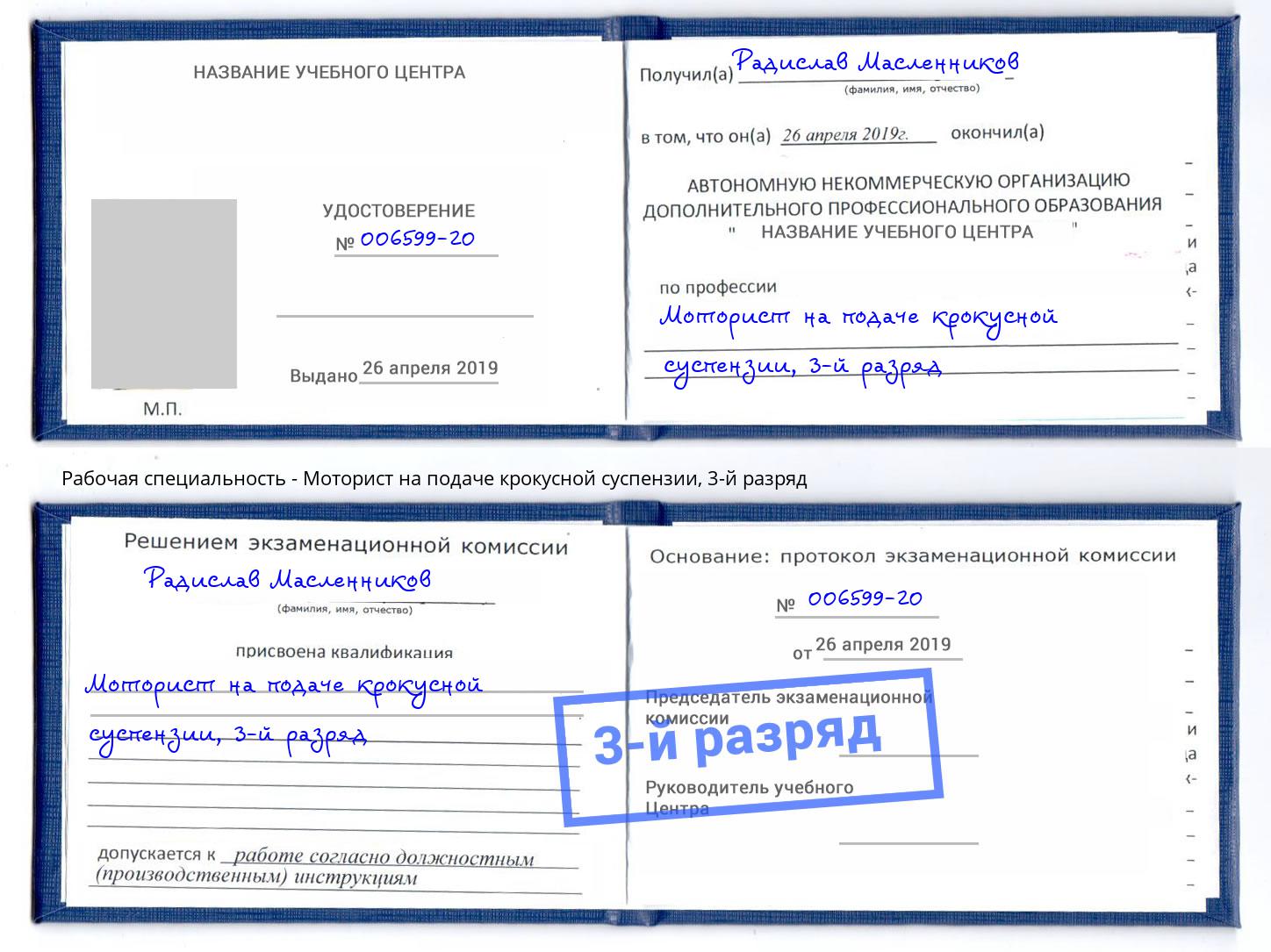 корочка 3-й разряд Моторист на подаче крокусной суспензии Чапаевск