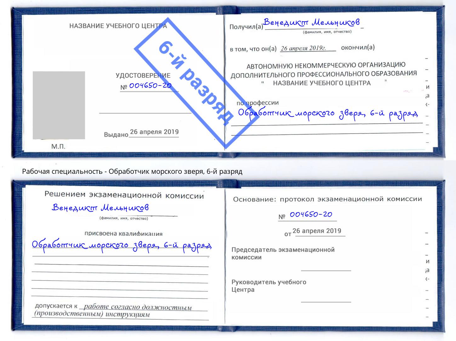 корочка 6-й разряд Обработчик морского зверя Чапаевск