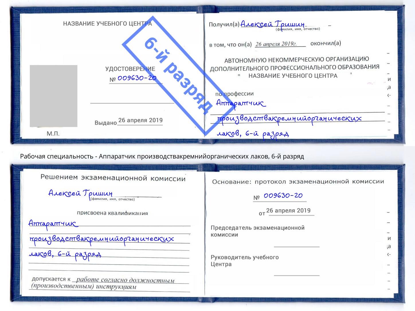 корочка 6-й разряд Аппаратчик производствакремнийорганических лаков Чапаевск