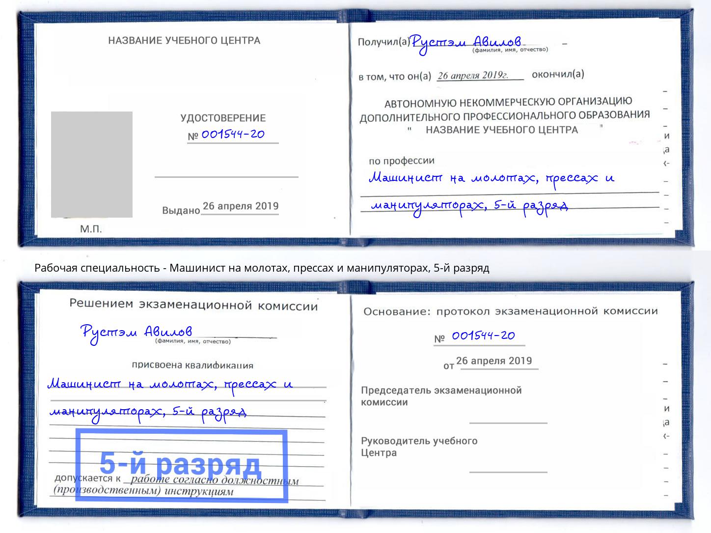 корочка 5-й разряд Машинист на молотах, прессах и манипуляторах Чапаевск