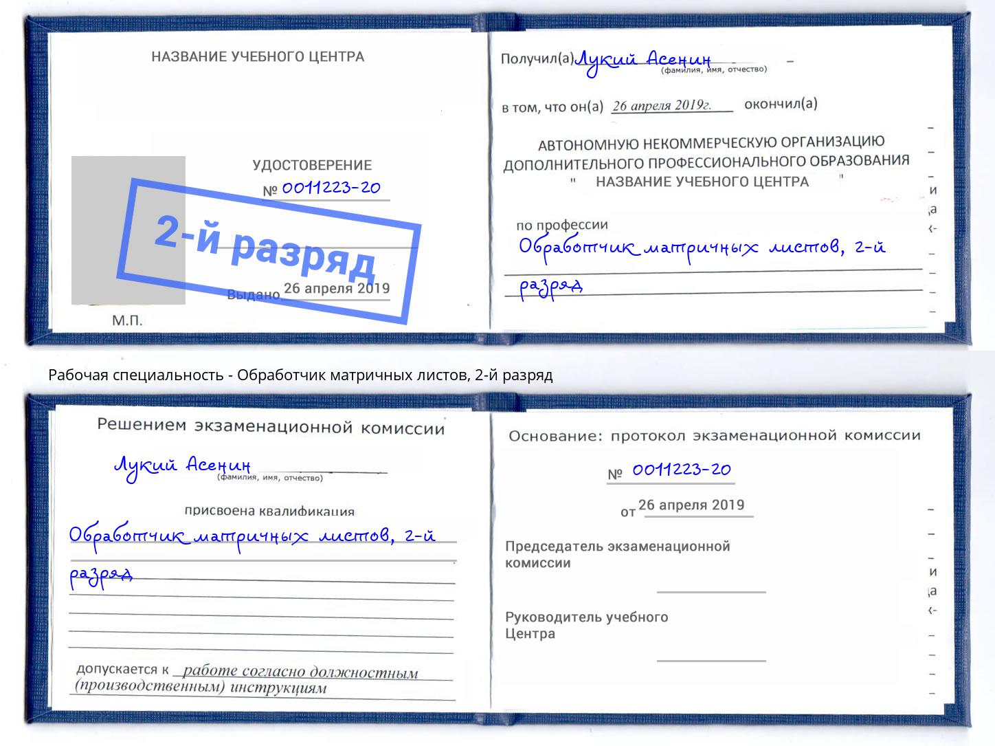 корочка 2-й разряд Обработчик матричных листов Чапаевск