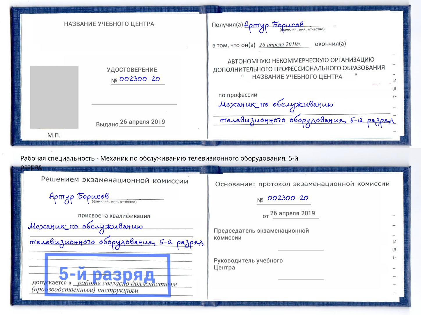 корочка 5-й разряд Механик по обслуживанию телевизионного оборудования Чапаевск