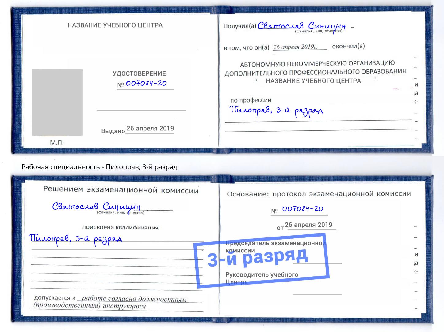 корочка 3-й разряд Пилоправ Чапаевск